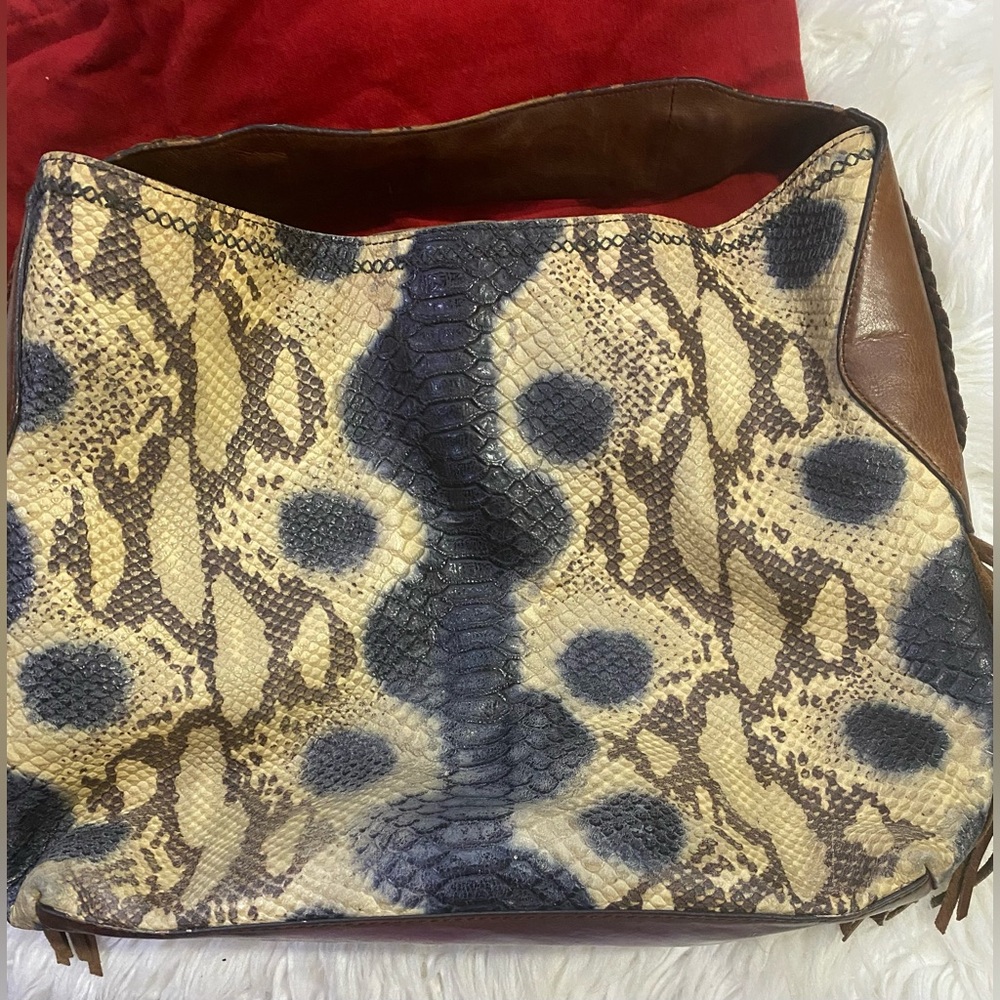 Cole Haan Sierra Snake Print Leather Tote Bag Brown Beige 12x13x5